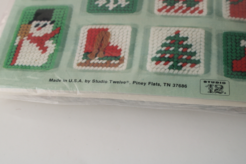 photo of vintage craft kit plastic canvas Christmas ornaments, 60 mini squares includes yarn canvas instructions  #3