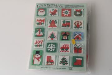 catalog photo of vintage craft kit plastic canvas Christmas ornaments, 60 mini squares includes yarn canvas instructions 