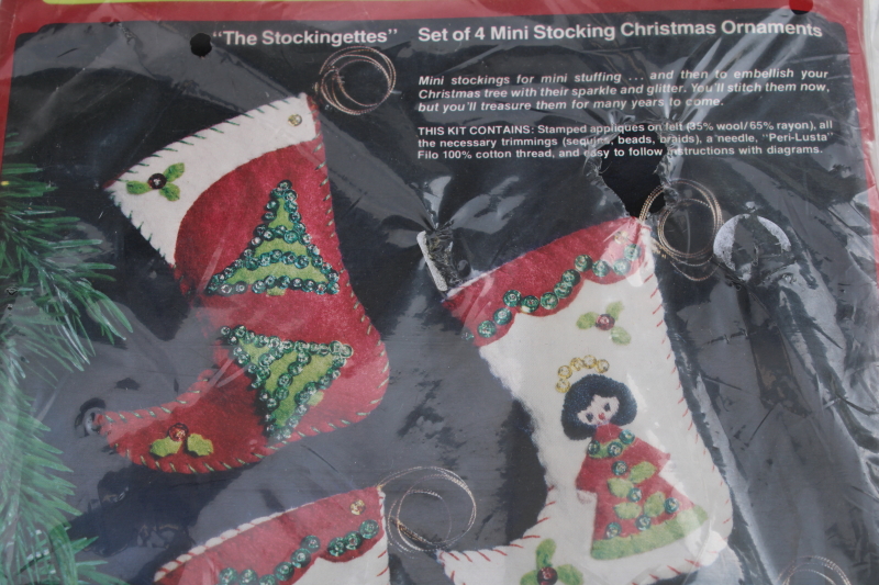 photo of vintage craft kits Christmas stocking mini stockings ornaments felt sequins to stitch and embroider #2