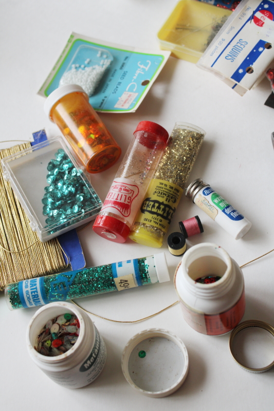 photo of vintage craft supplies lot, trim, beads, sequins, glitter for making Christmas ornaments #2