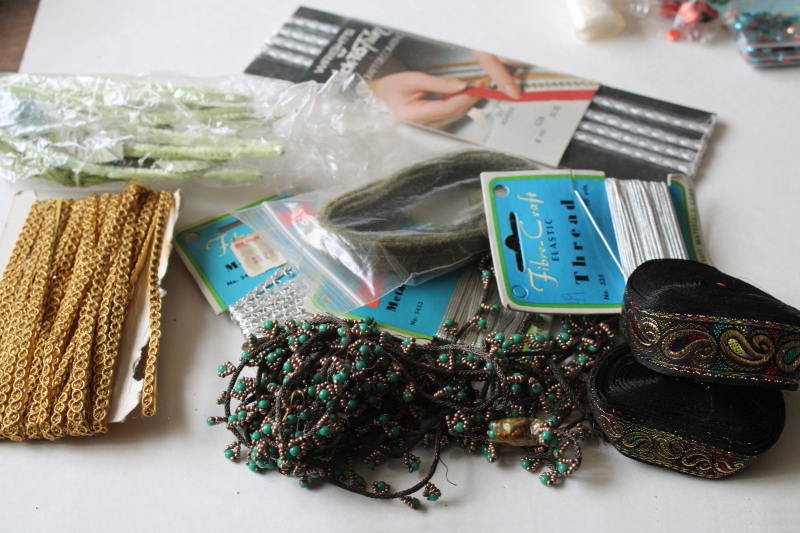 photo of vintage craft supplies lot, trim, beads, sequins, glitter for making Christmas ornaments #4