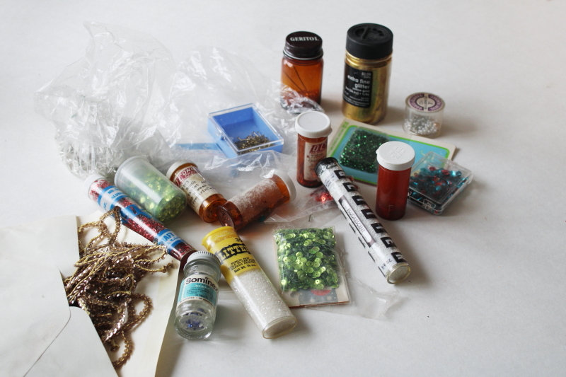 photo of vintage craft supplies lot, trim, beads, sequins, glitter for making Christmas ornaments #8