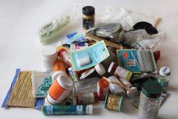 vintage craft supplies lot, trim, beads, sequins, glitter for making Christmas ornaments 