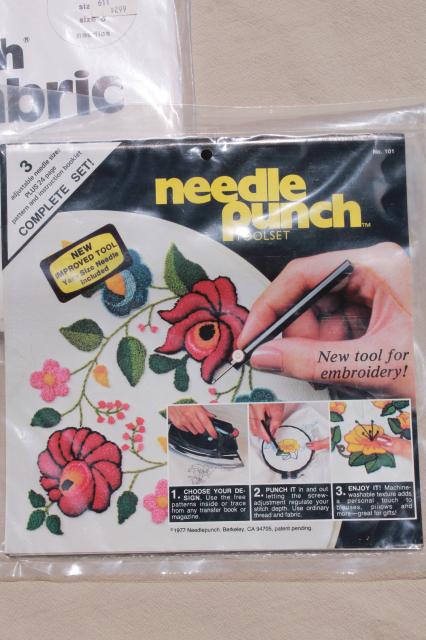 photo of vintage craft supplies - punch needle embroidery tool, fabric, needlework kit #9