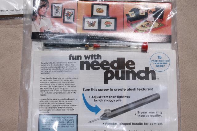 photo of vintage craft supplies - punch needle embroidery tool, fabric, needlework kit #12