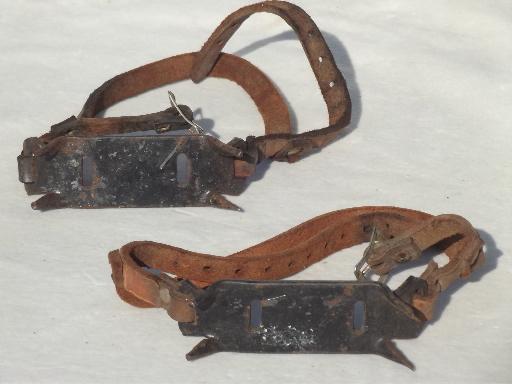 photo of vintage crampons, old steel boot cleats for walking on ice and snow #1