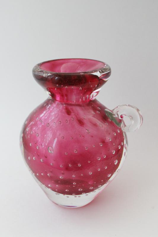 photo of vintage cranberry / clear sommerso style glass vase, heavy hand blown glass w/ bubbles #1