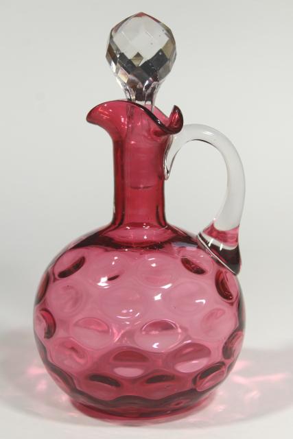 photo of vintage cranberry glass cruet, thumbprint optic pattern glass, Fenton ruby? #2