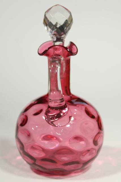 photo of vintage cranberry glass cruet, thumbprint optic pattern glass, Fenton ruby? #3