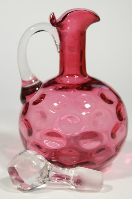 photo of vintage cranberry glass cruet, thumbprint optic pattern glass, Fenton ruby? #4