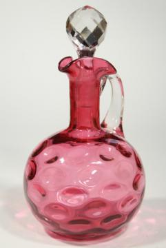 catalog photo of vintage cranberry glass cruet, thumbprint optic pattern glass, Fenton ruby?