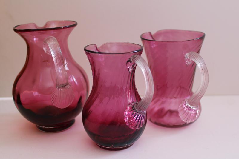 photo of vintage cranberry glass, hand blown Pilgrim glass mini pitchers collection #2