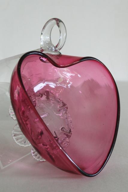 photo of vintage cranberry glass, hand blown glass heart shape bowl nappy w/ clear glass feet #1