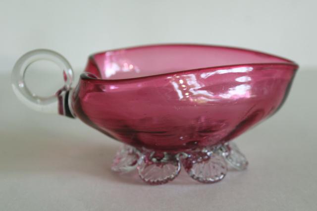 photo of vintage cranberry glass, hand blown glass heart shape bowl nappy w/ clear glass feet #3