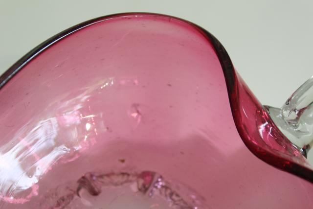 photo of vintage cranberry glass, hand blown glass heart shape bowl nappy w/ clear glass feet #5