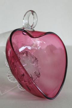 catalog photo of vintage cranberry glass, hand blown glass heart shape bowl nappy w/ clear glass feet