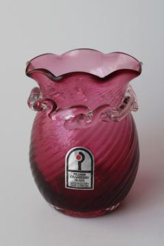 catalog photo of vintage cranberry glass mini vase, hand blown Pilgrim glass w/ original label