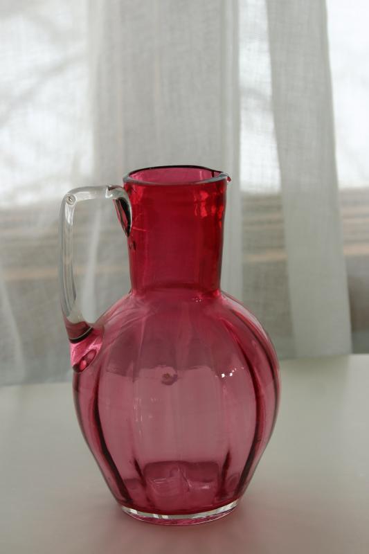 photo of vintage cranberry glass pitcher, hand blown panel optic pattern glass #1
