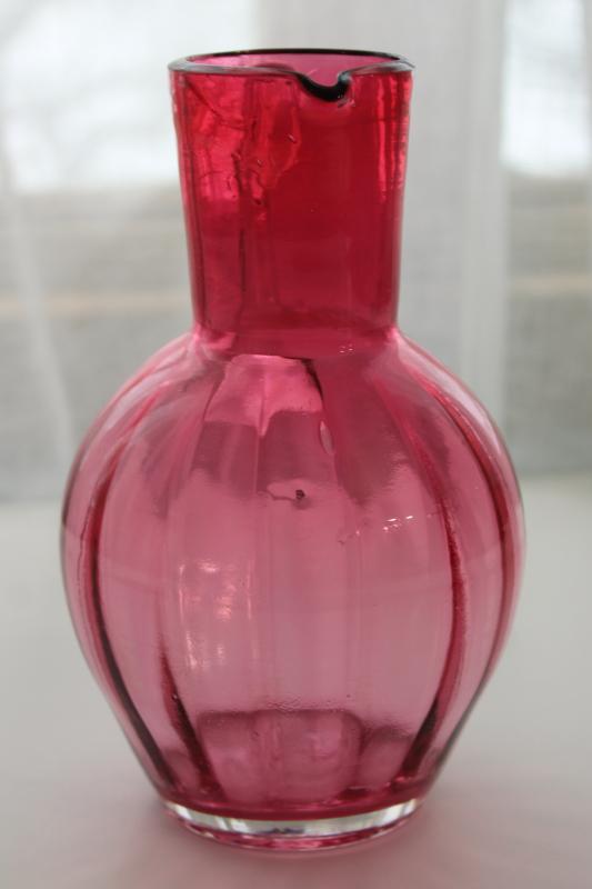 photo of vintage cranberry glass pitcher, hand blown panel optic pattern glass #3