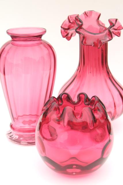 photo of vintage cranberry glass trio of vases, instant collection flower vase grouping #1