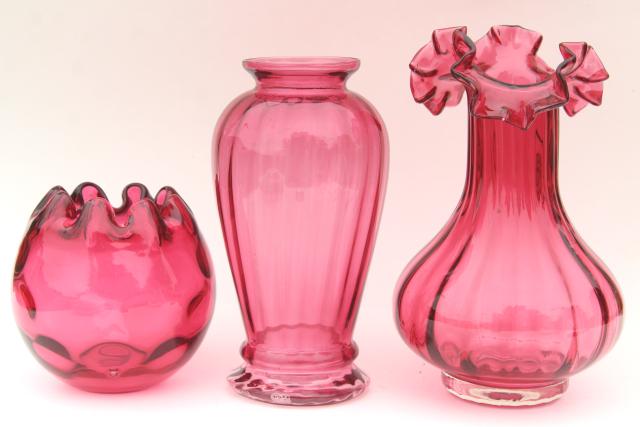 photo of vintage cranberry glass trio of vases, instant collection flower vase grouping #3