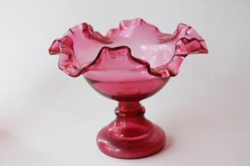 catalog photo of vintage cranberry glass vase, crimped bowl compote shape w/ hollow stem<