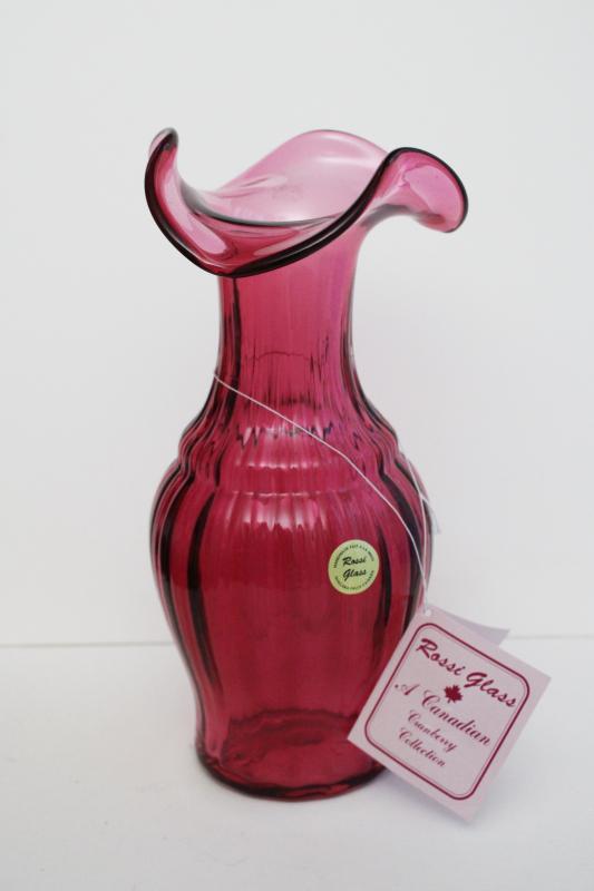 photo of vintage cranberry glass vase, large hand blown art glass w/ original Rossi tag #1