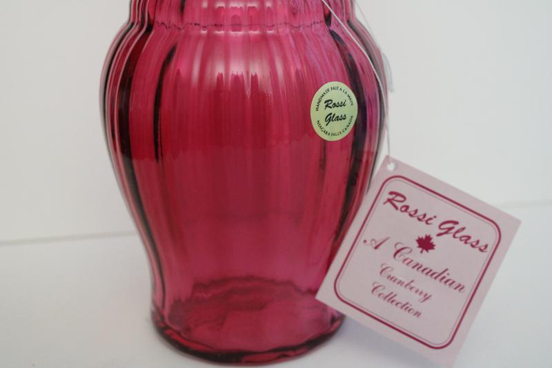 photo of vintage cranberry glass vase, large hand blown art glass w/ original Rossi tag #2