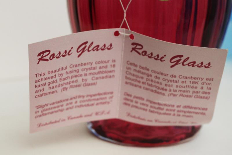 photo of vintage cranberry glass vase, large hand blown art glass w/ original Rossi tag #4