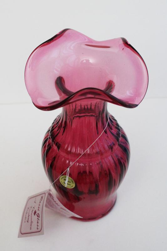 photo of vintage cranberry glass vase, large hand blown art glass w/ original Rossi tag #5