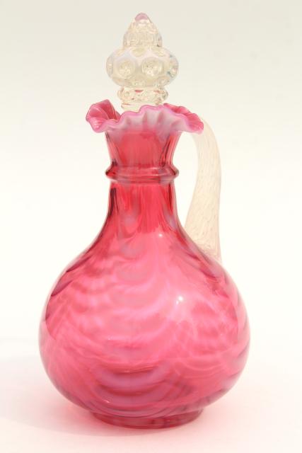 photo of vintage cranberry opalescent glass cruet bottle, swag drape pattern glass #1