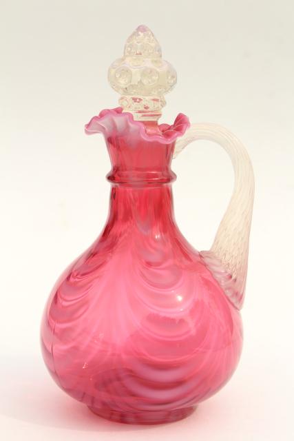 photo of vintage cranberry opalescent glass cruet bottle, swag drape pattern glass #2