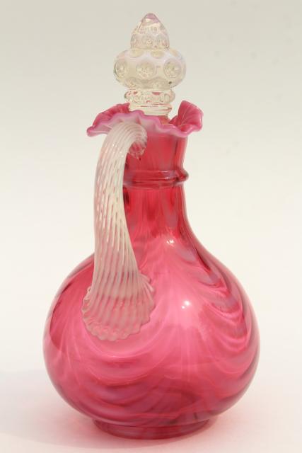 photo of vintage cranberry opalescent glass cruet bottle, swag drape pattern glass #3