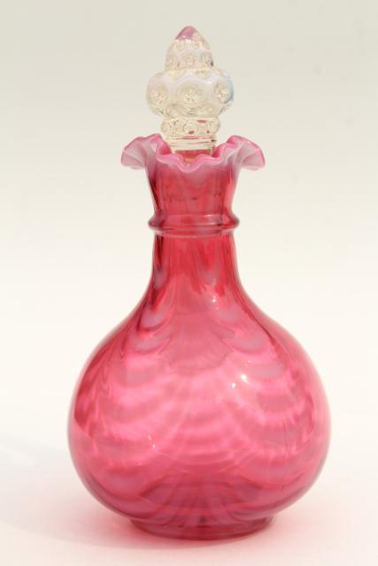 photo of vintage cranberry opalescent glass cruet bottle, swag drape pattern glass #5