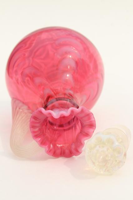 photo of vintage cranberry opalescent glass cruet bottle, swag drape pattern glass #6