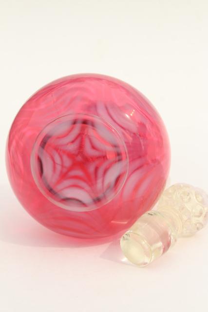 photo of vintage cranberry opalescent glass cruet bottle, swag drape pattern glass #7