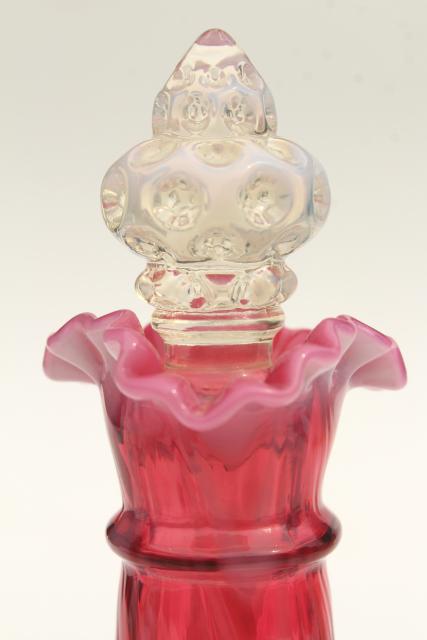 photo of vintage cranberry opalescent glass cruet bottle, swag drape pattern glass #8