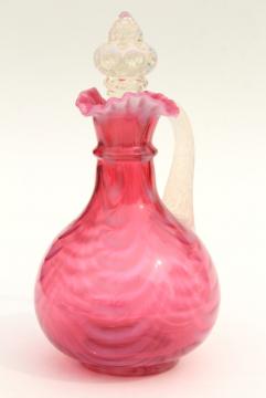 vintage cranberry opalescent glass cruet bottle, swag drape pattern glass