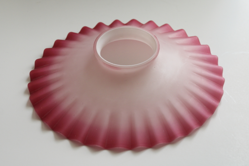 photo of vintage cranberry pink & white satin glass petticoat shade, hand blown glass crimped flat reflector #1