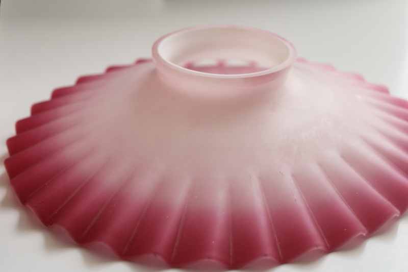 photo of vintage cranberry pink & white satin glass petticoat shade, hand blown glass crimped flat reflector #2