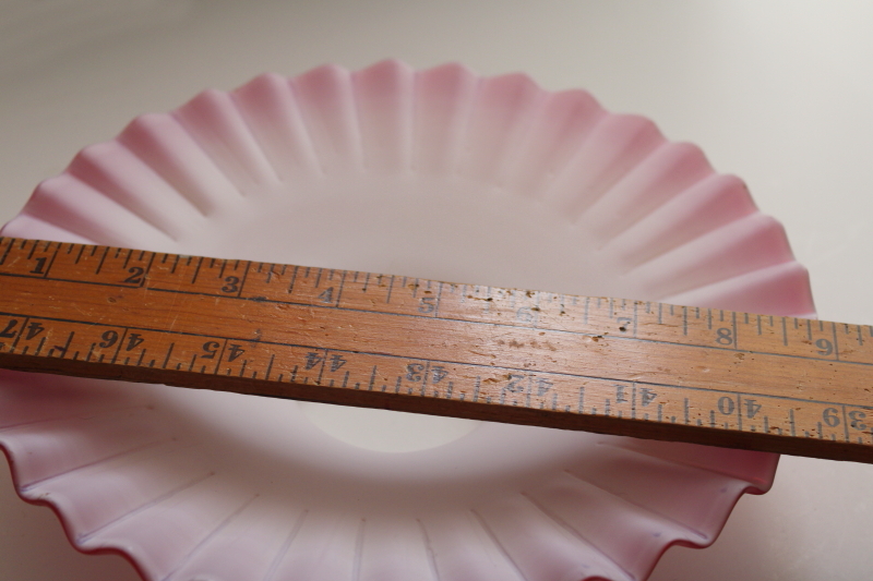 photo of vintage cranberry pink & white satin glass petticoat shade, hand blown glass crimped flat reflector #4