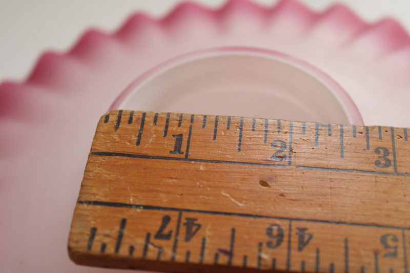 photo of vintage cranberry pink & white satin glass petticoat shade, hand blown glass crimped flat reflector #5