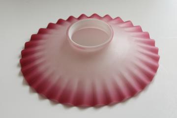 catalog photo of vintage cranberry pink & white satin glass petticoat shade, hand blown glass crimped flat reflector