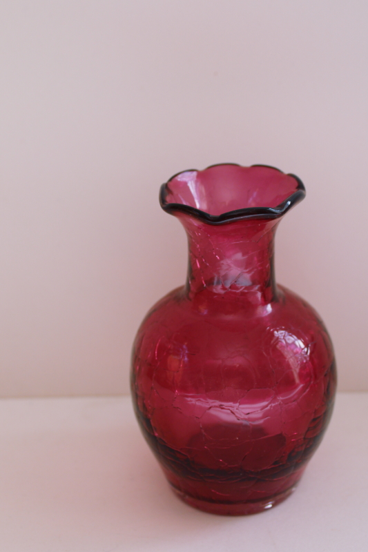 photo of vintage cranberry red crackle glass vase, hand blown art glass Pilgrim label  #1