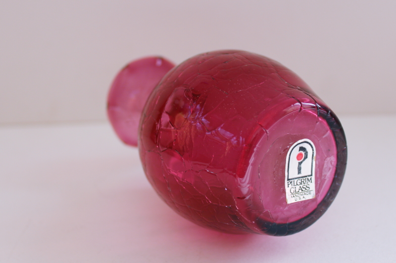 photo of vintage cranberry red crackle glass vase, hand blown art glass Pilgrim label  #2
