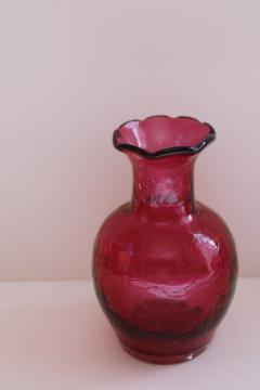 vintage cranberry red crackle glass vase, hand blown art glass Pilgrim label 