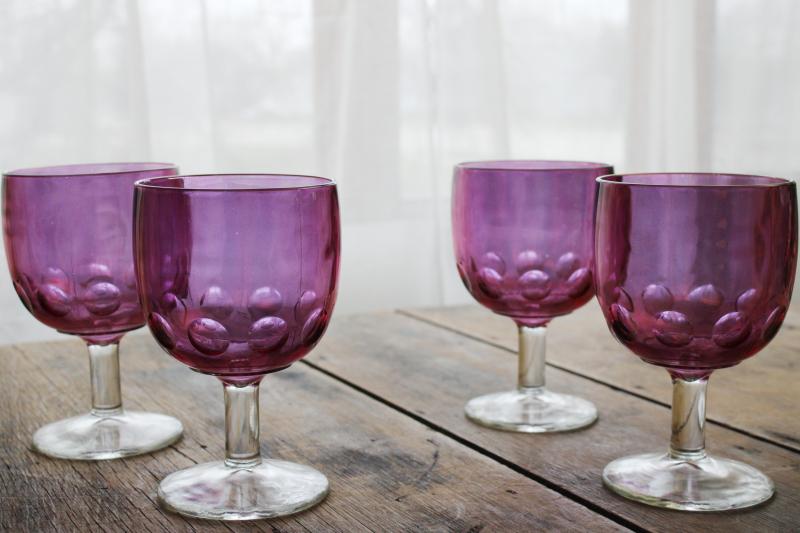 photo of vintage cranberry stained glass goblets, big wine glasses or water glasses #2