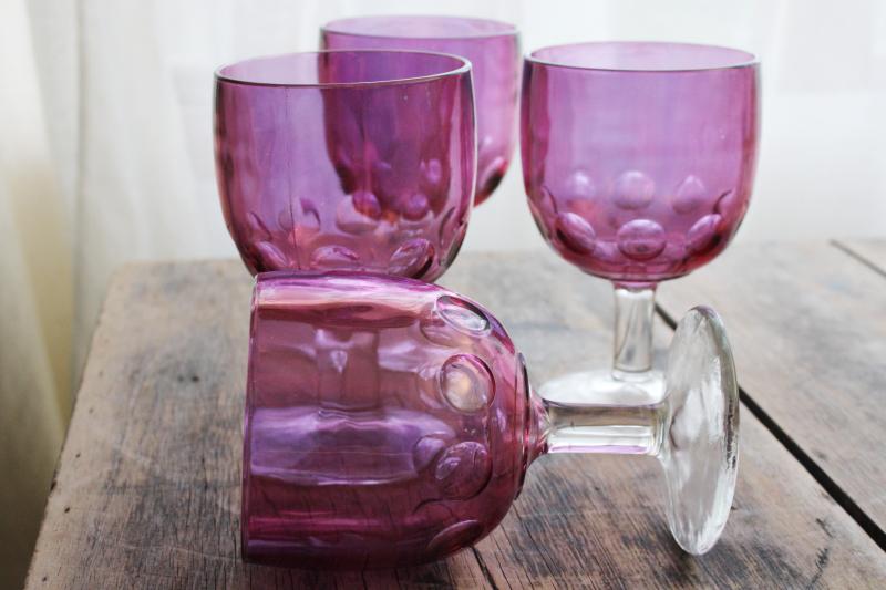 photo of vintage cranberry stained glass goblets, big wine glasses or water glasses #4