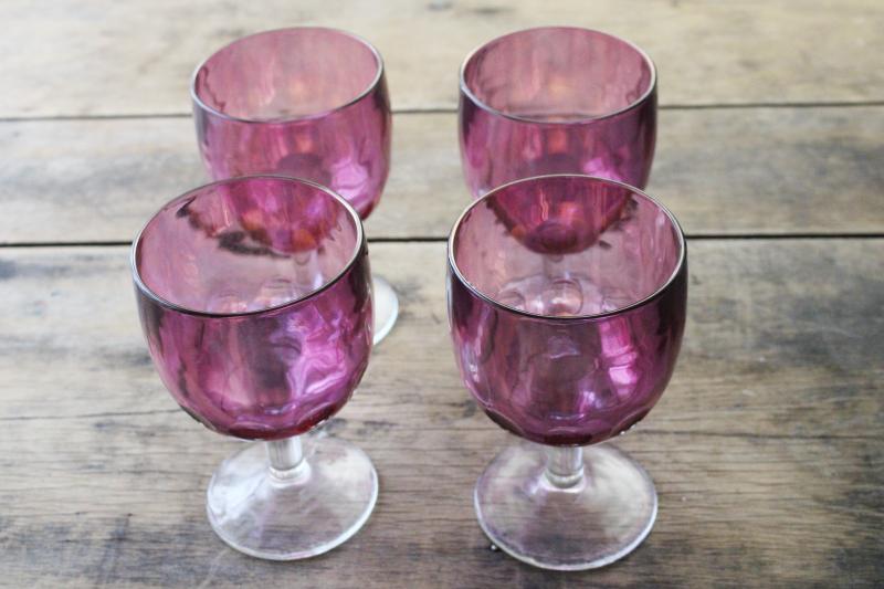 photo of vintage cranberry stained glass goblets, big wine glasses or water glasses #5