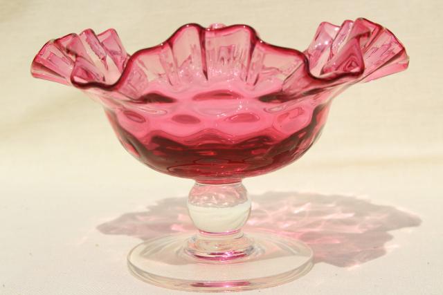 photo of vintage cranberry thumbprint glass candy dish w/ crimped edge, clear glass stem #3